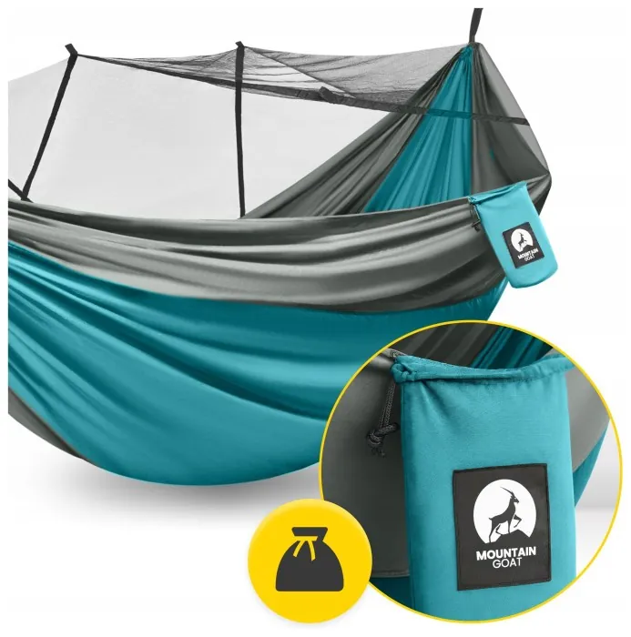 Гамак туристичний Mountain Goat 270 x 140 см з москітною сіткою, одномісний, підвісний Grey/Turquoise (P-5905973408011)