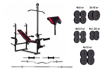 Лава для жима с тягой, штанга, 4 грифа и 115 кг дисков.