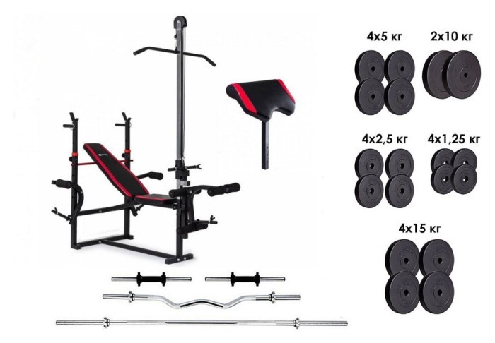 Лава для жима с тягой, штанга, 4 грифа и 115 кг дисков.