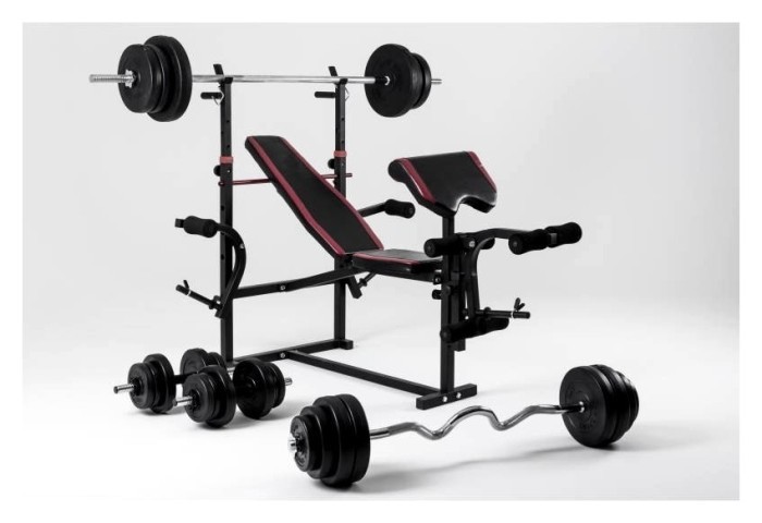 Лава для жима с тягой, штанга, 4 грифа и 115 кг дисков.