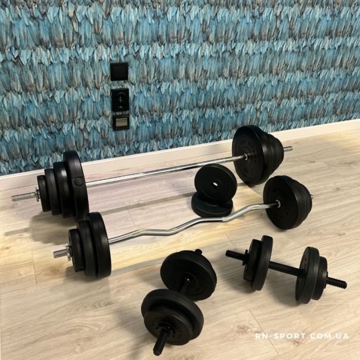 Лава для жима с тягой, штанга, 4 грифа и 115 кг дисков.