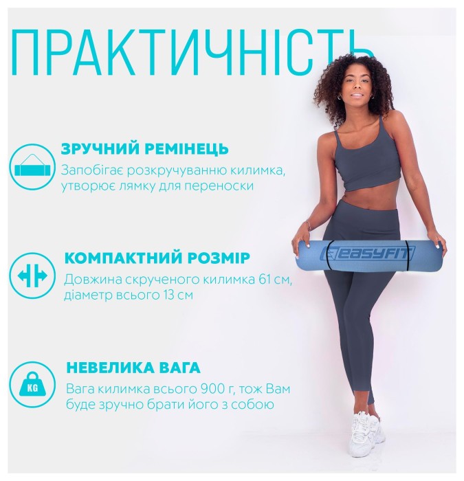 Килимок для йоги та фітнесу EasyFit TPE+TC 6 мм двошаровий + Чохол блакитний-синій