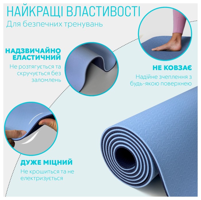 Килимок для йоги та фітнесу EasyFit TPE+TC 6 мм двошаровий + Чохол блакитний-синій