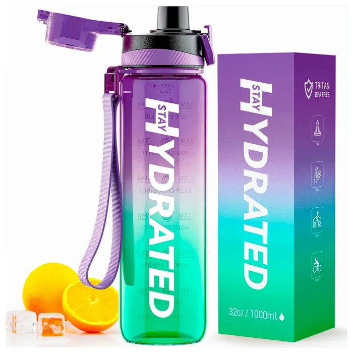 Hydrated Water Bottle - 1000ml Tritan Green Purple, укр, укр