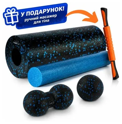 Массажний набір PowerPlay PP_4015 EPP Foam Roller Set 4in1 (2-а ролі + 2-а м'ячі) Чорно-синій