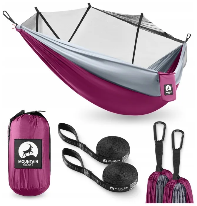 Гамак туристичний Mountain Goat 270 x 140 см з москітною сіткою, одномісний, підвісний Pink/Grey (P-5905973408035)