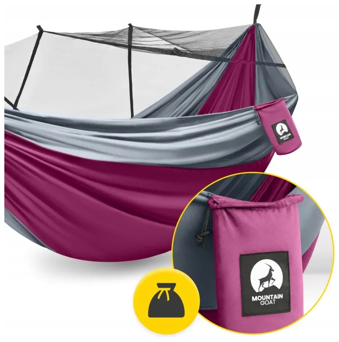Гамак туристичний Mountain Goat 270 x 140 см з москітною сіткою, одномісний, підвісний Pink/Grey (P-5905973408035)