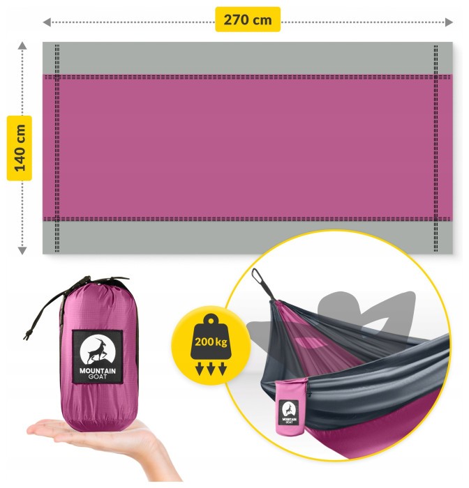 Гамак туристичний Mountain Goat 270 x 140 см з москітною сіткою, одномісний, підвісний Pink/Grey (P-5905973408035)
