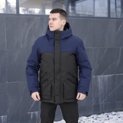 Парка чоловіча зимова з капюшоном чорно-синя Pobedov Navy