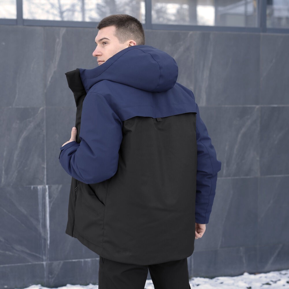 Парка чоловіча зимова з капюшоном чорно-синя Pobedov Navy, укр, укр