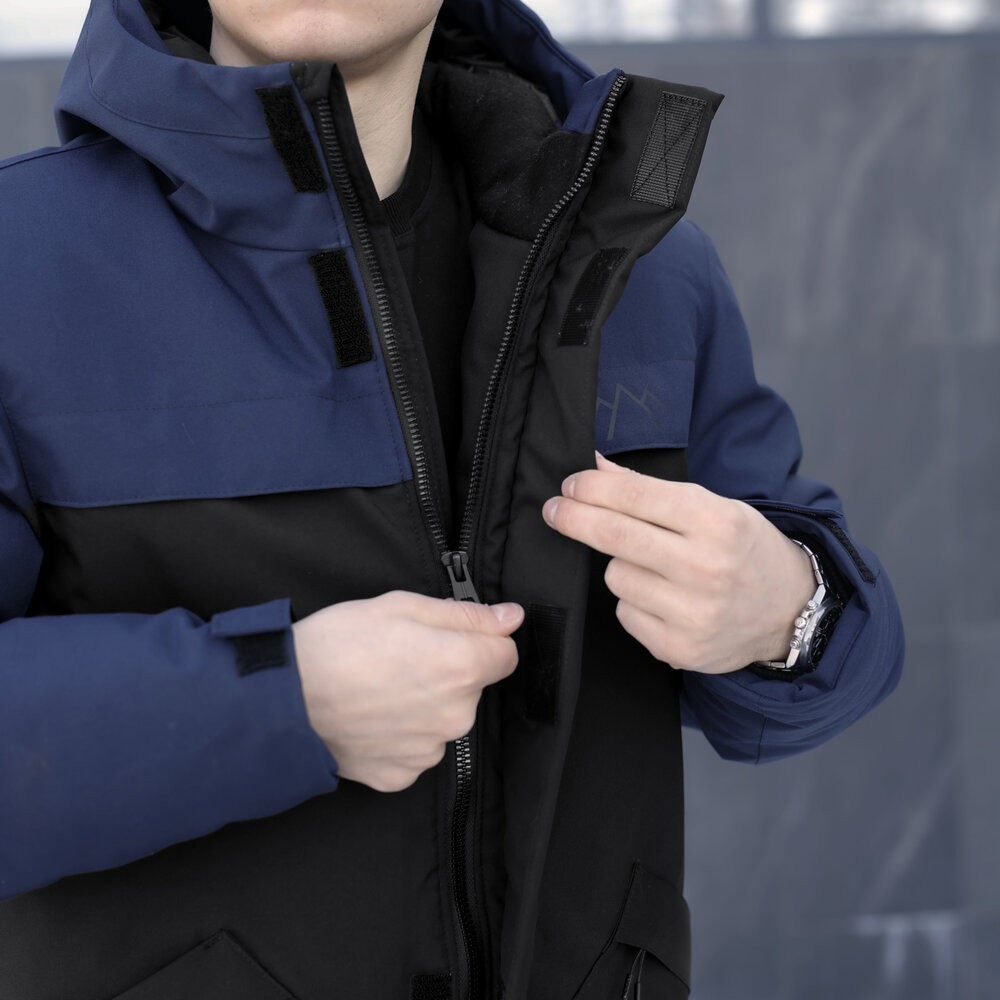 Парка чоловіча зимова з капюшоном чорно-синя Pobedov Navy, укр, укр