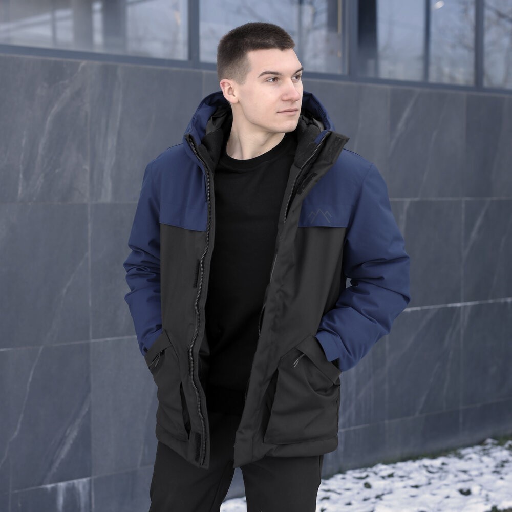 Парка чоловіча зимова з капюшоном чорно-синя Pobedov Navy, укр, укр
