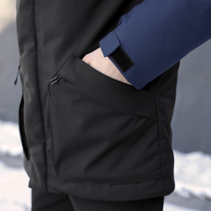 Парка мужская зимняя с капюшоном черно-синяя Pobedov Navy