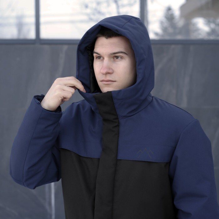 Парка мужская зимняя с капюшоном черно-синяя Pobedov Navy