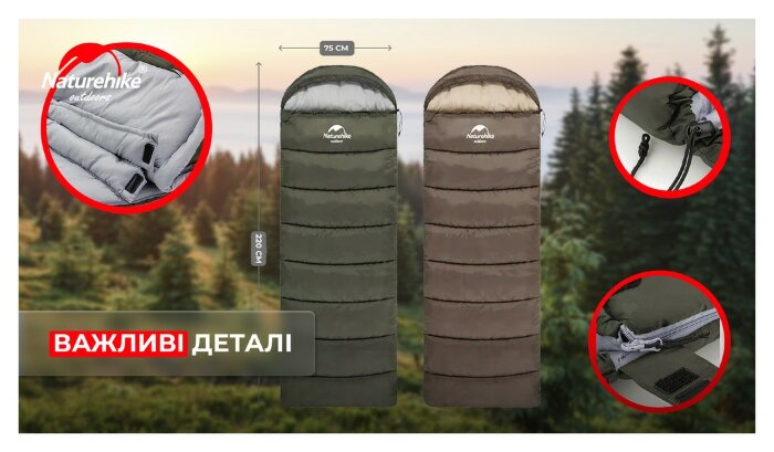 Спальник с капюшоном Naturehike U350 NH20MSD07, (1°C), левый, коричневый