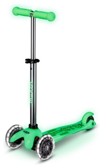 Самокат MICRO серии "Mini Deluxe Glow LED" – ЛЮДЖЕННЫЙ ЛАЙМ (до 50 kg, 3-х колесный, свет)