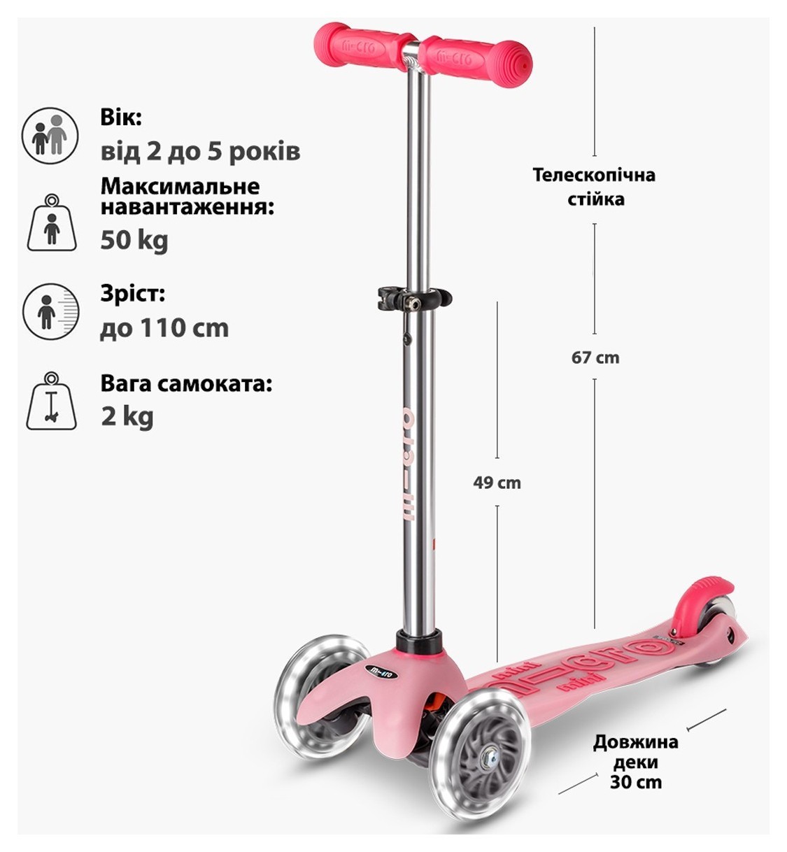 Самокат MICRO серії "Mini Deluxe Glow LED" – МОРОЗНИЙ РОЖЕВИЙ (до 50 kg, 3-х колісний, світло), укр, укр
