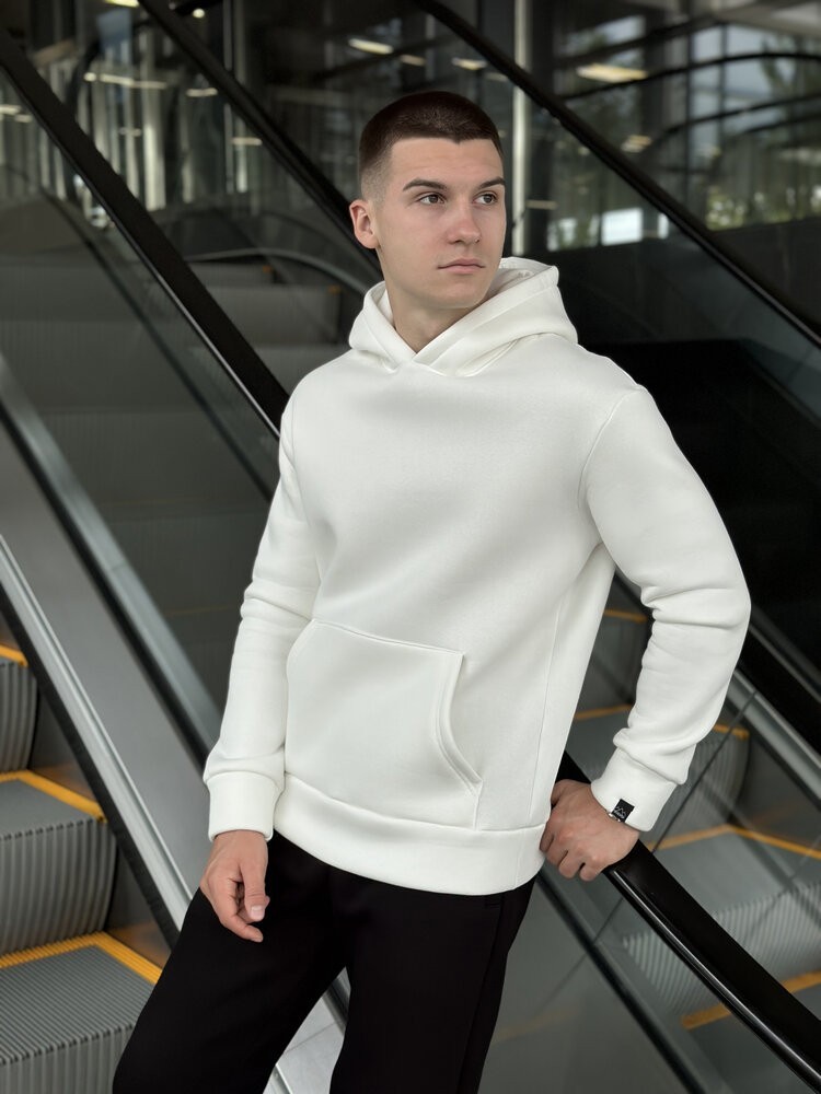 Тепле чоловіче худі на флісі з капюшоном молочне Pobedov 008 ЗИМА