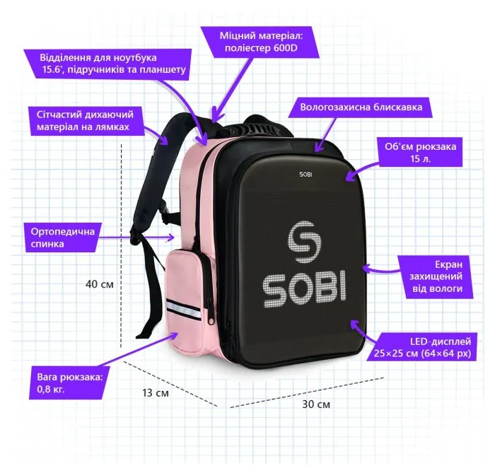 Рюкзак Sobi Pixel Kids SB9701 Pink із LED екраном