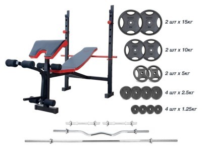 Скамейка для жима ReadMeBlack + Штанга металлическая 83 кг, гриф W, гантели RN-Sport
