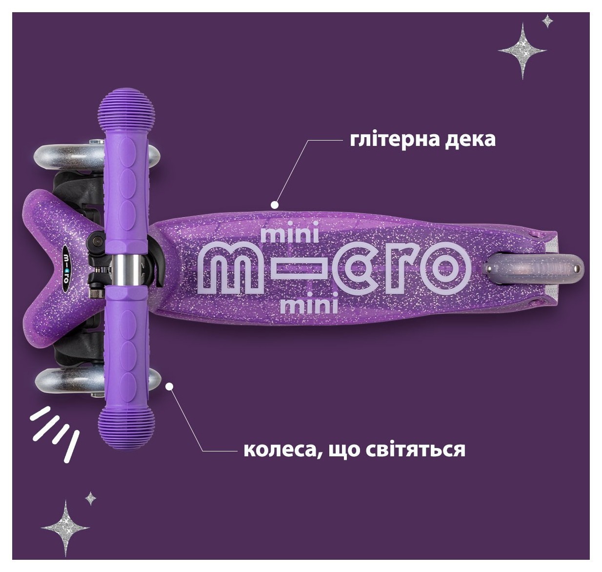 Самокат MICRO серії "Mini Deluxe Fairy Glitter LED" – ПУРПУРОВИЙ (до 50 kg, 3-х колісний, світло), укр, укр