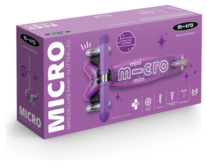 Самокат MICRO серії "Mini Deluxe Fairy Glitter LED" – ПУРПУРОВИЙ (до 50 kg, 3-х колісний, світло), укр, укр