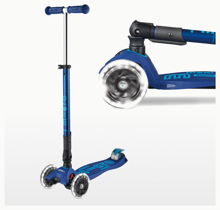 Самокат MICRO серії  "Maxi Deluxe LED" – ТЕМНО-СИНІЙ (складаний, до 50 kg, триколісний, світло), укр, укр