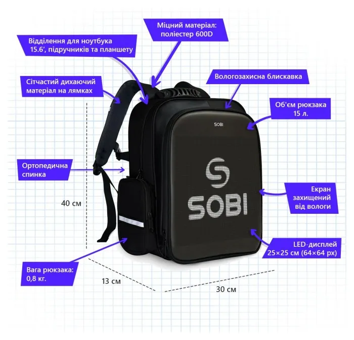 Рюкзак Sobi Pixel Kids SB9701 Black с LED экраном