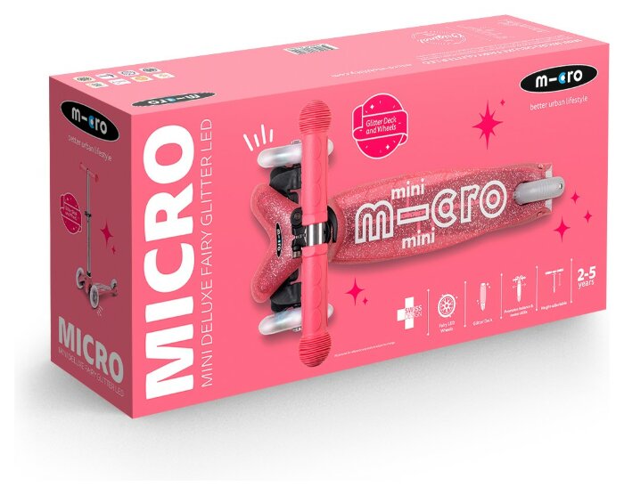 Самокат MICRO серії "Mini Deluxe Fairy Glitter LED" – РОЖЕВИЙ (до 50 kg, 3-х колісний, світло), укр, укр