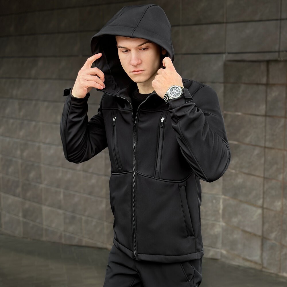 Мужская черная куртка из софтшелла весенняя Pobedov Setup 2XL