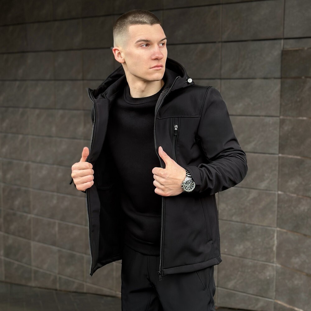 Мужская черная куртка из софтшелла весенняя Pobedov Setup 2XL