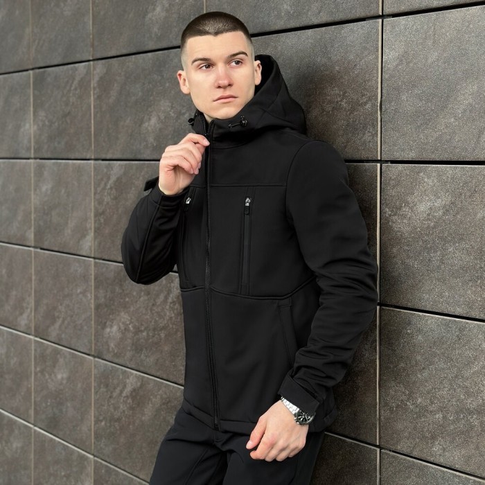 Мужская черная куртка из софтшелла весенняя Pobedov Setup 2XL