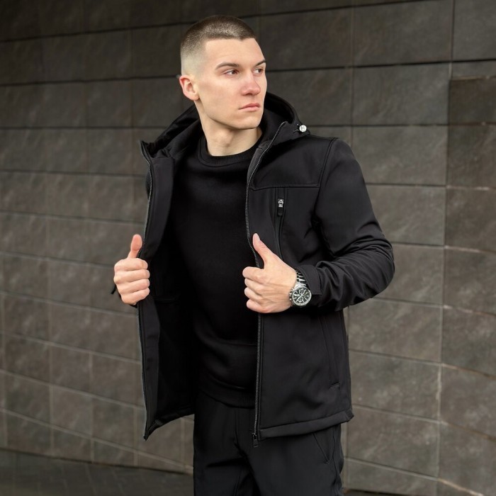 Мужская черная куртка из софтшелла весенняя Pobedov Setup 2XL