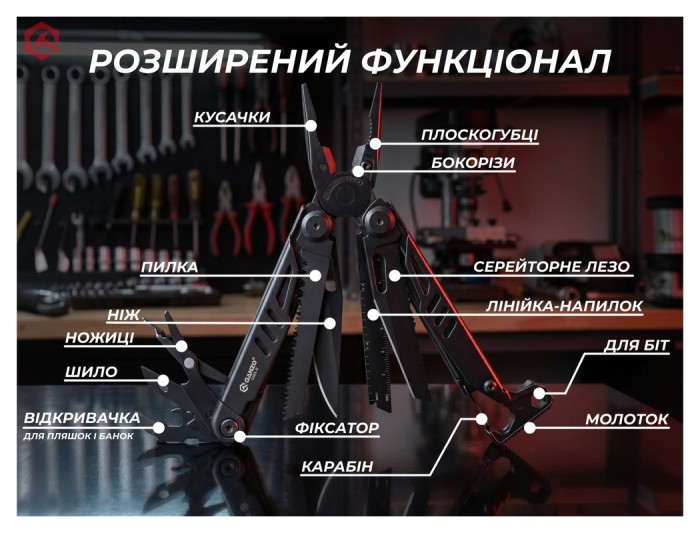 Мультитул Ganzo G305B, (18.2 см) 17 функцій, чорний + біти та чохол