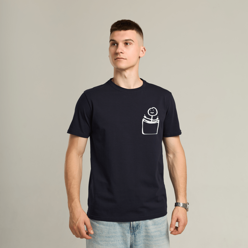 Футболка чоловіча однотонна темно-синя Pobedov Peremoga - наклейка Чоловічок з факами