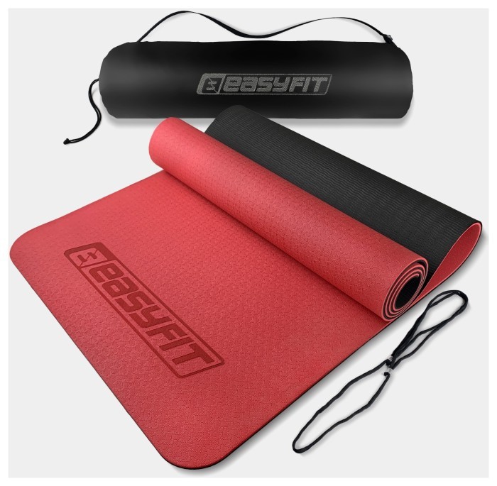 Коврик для йоги и фитнеса EasyFit TPE+TC 6мм двухслойный + Красный чехол с черным