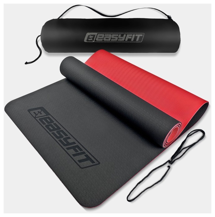 Коврик для йоги и фитнеса EasyFit TPE+TC 6мм двухслойный + Красный чехол с черным