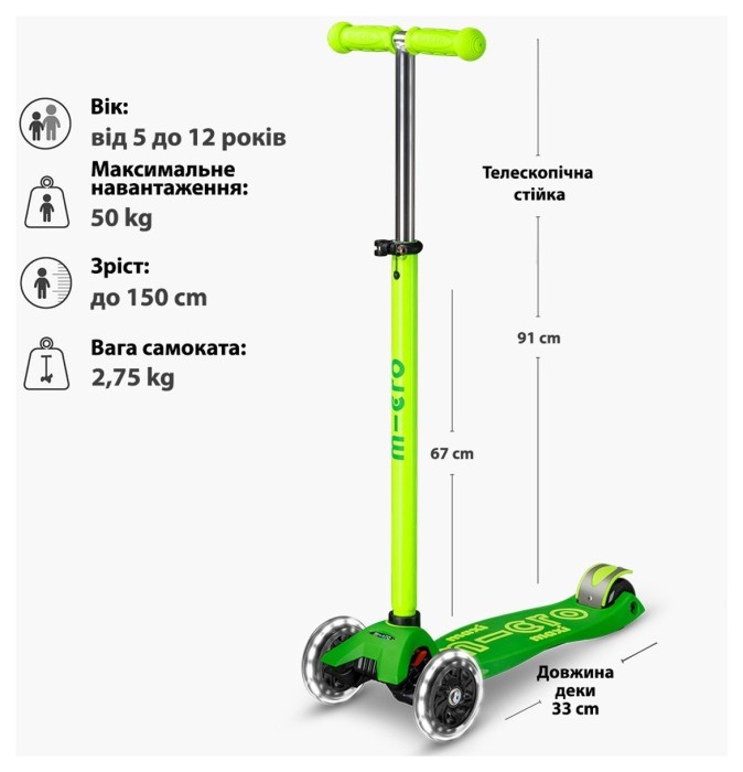 Самокат MICRO серії "Maxi Deluxe Neon LED" – ЗЕЛЕНИЙ ПАПУГА (до 50 кг (kg), 3-х колісний, світло), укр, укр
