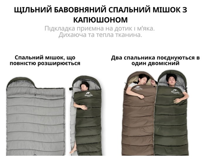 Спальник з капюшоном Naturehike U150 NH20MSD07, (11°C), лівий, коричневий, укр, укр