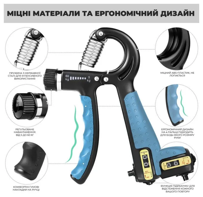 Эспандер кистевой со счетчиком PowerPlay PP-4402 с регулируемой нагрузкой 10-60 кг. Синий