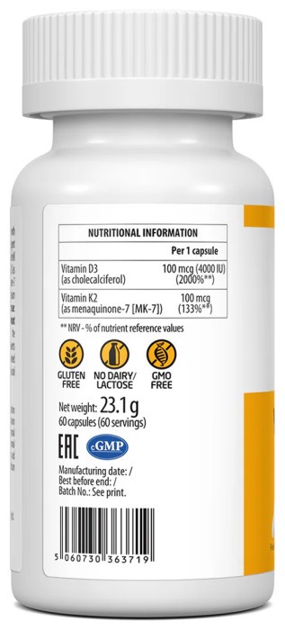 Vitamin D3 4000IU + K2 60 vcaps