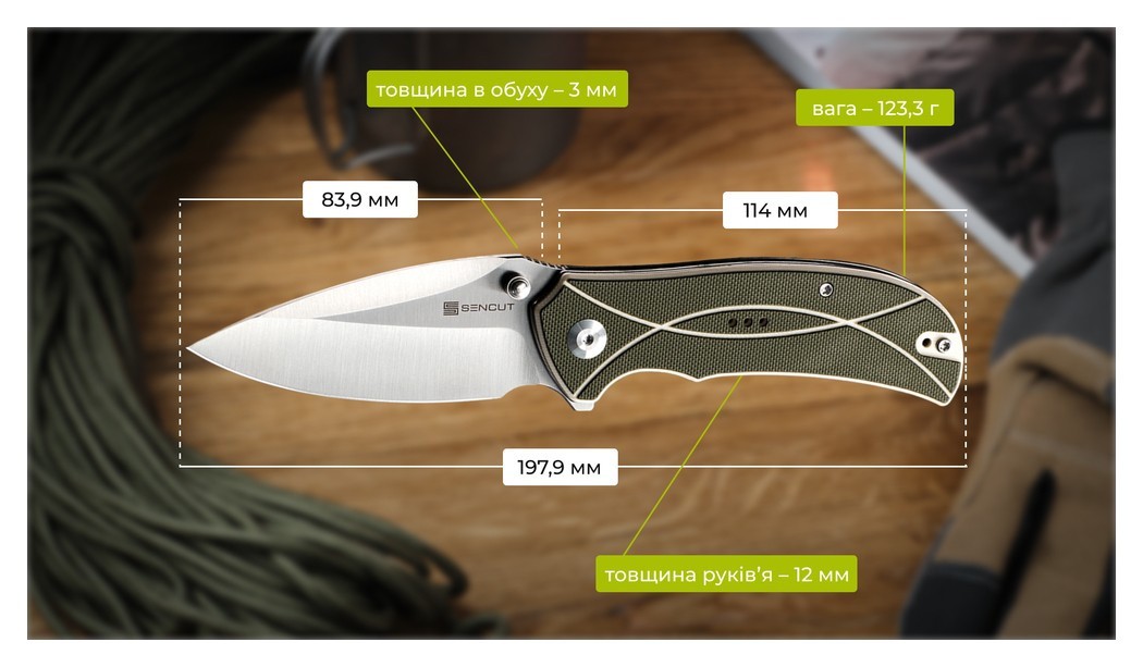 Ніж складаний туристичний Sencut Hyrax, (8.4 см) 9Cr18MoV / G10 сірий, укр, укр