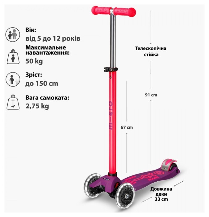 Самокат MICRO серії "Maxi Deluxe Neon LED" – УЛЬТРА РОЖЕВИЙ (до 50 кг (kg), 3-х колісний, світло), укр, укр