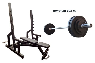 Скамейка Black Rock + Стойки Black Rock + Штанга резиновая RN-Sport 105 кг с олимпийским грифом