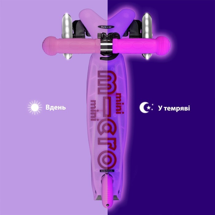 Самокат MICRO серии "Mini Deluxe Glow LED" – морозный розовый (до 50 kg, 3-х колесный, свет)