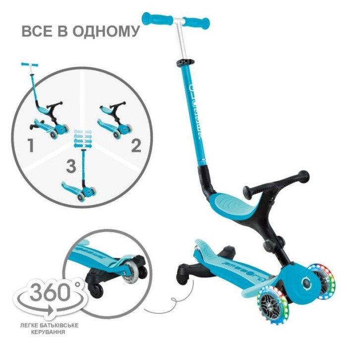 Самокат GLOBBER серії GO UP ACTIVE 360 аква, до 20/50кг, 1+, колеса що світяться, укр, укр