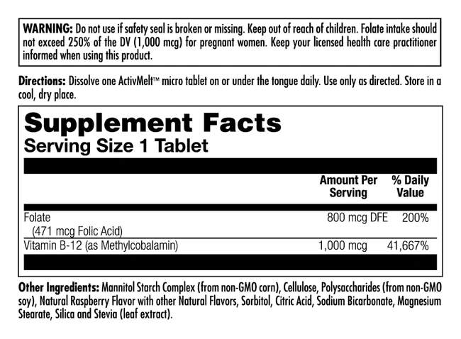 Folic Acid Methyl B-12 800mcg - 60 tabs Raspberry