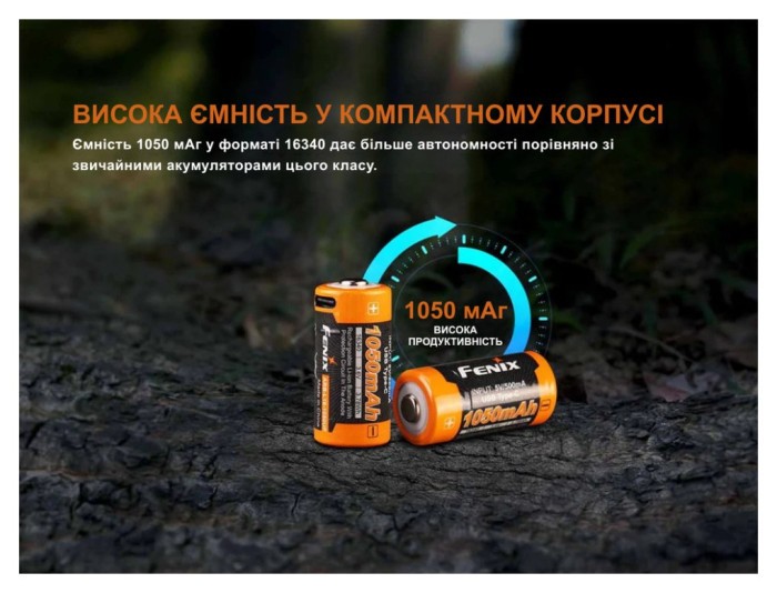 Акумулятор 16340 Fenix (1050 mAh) Type-C, укр, укр