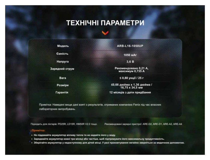 Акумулятор 16340 Fenix (1050 mAh) Type-C, укр, укр