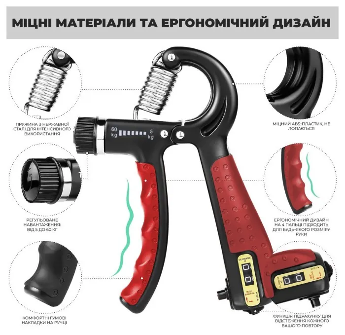 Эспандер кистевой со счетчиком PowerPlay PP-4402 с регулируемой нагрузкой 10-60 кг. Красный